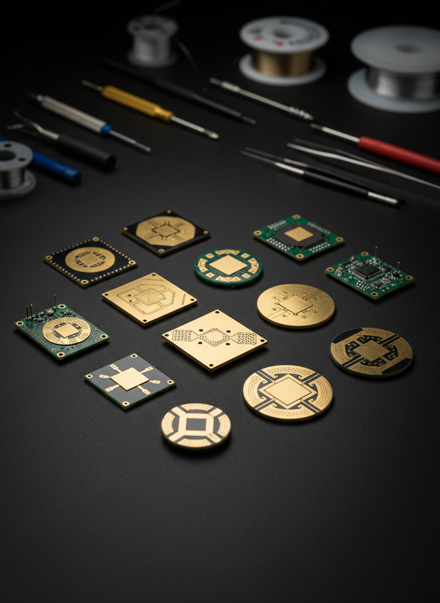 An array of different biosensor chips arranged with intentional order on a matte black surface, each device showcasing unique geometries, gold-plated electrodes, and intricate micro-patterns. Some chips are mounted on small printed circuit boards, while others rest directly on the surface, framed by scattered, softly blurred engineering tools in the background. Overhead soft studio lighting produces clean, controlled reflections on the metallic traces and crisp definition of edges. Photographic realism with a slightly elevated angle and rule-of-thirds composition, creating strong contrast between the sensors and the dark backdrop. The mood is methodical and innovative, highlighting diversity in sensor design and suggesting an active research portfolio in mechanical and chemical engineering.
