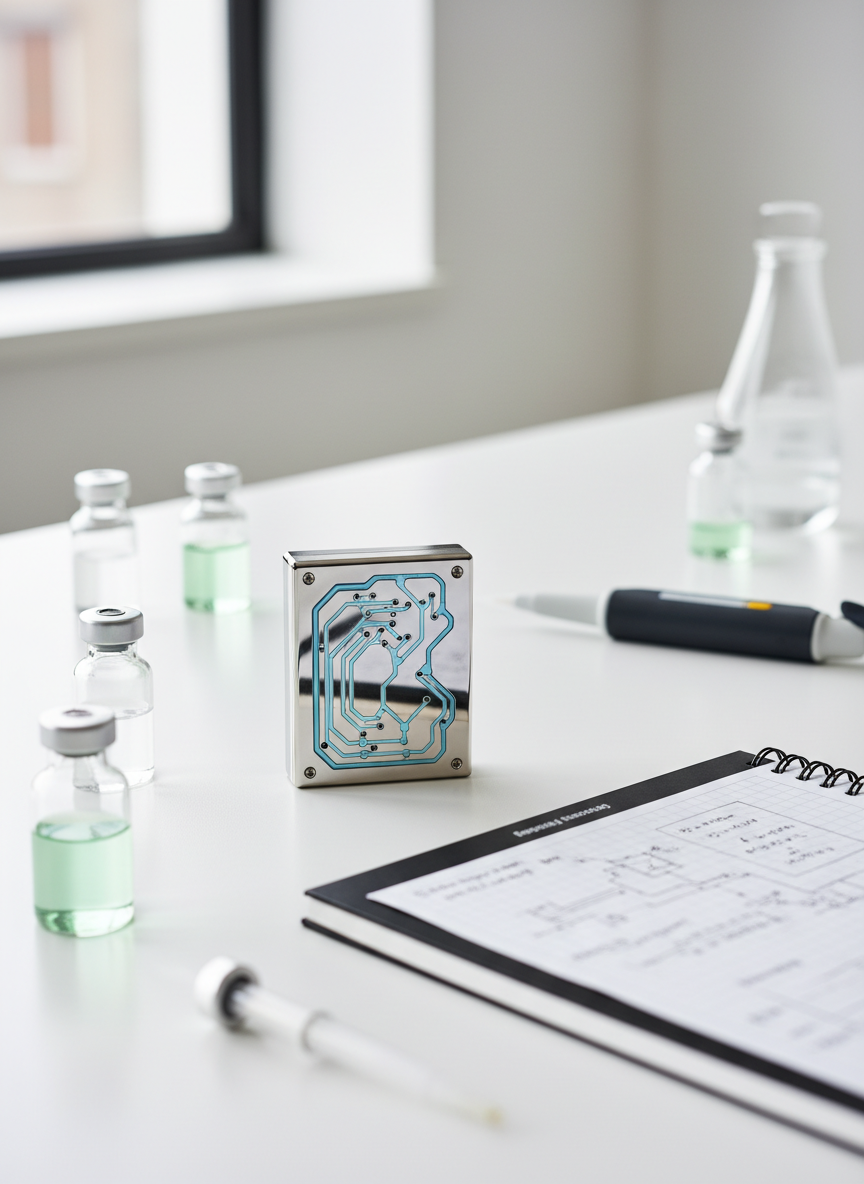 A sleek stainless-steel biosensor prototype resting on a spotless white laboratory benchtop, its microfluidic channels etched in delicate, precise patterns filled with a faintly tinted solution. Around it lie neatly arranged glass vials, a calibrated pipette, and a slim engineering notebook open to a schematic diagram, all slightly out of focus. Cool, diffused daylight from a large lab window reflects softly off the metal surfaces, creating crisp highlights and gentle shadows. Photographic realism, shot at eye level with a shallow depth of field, emphasizes the sensor as the focal point. The atmosphere is professional, precise, and research-driven, conveying cutting-edge engineering in a calm, orderly environment suitable for a university professor’s homepage hero image.