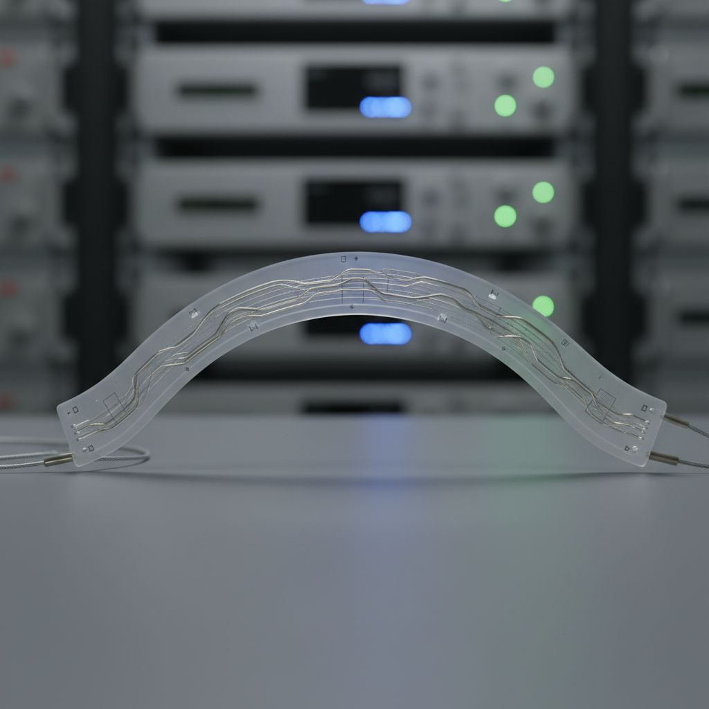 A flexible soft sensor made of translucent silicone embedded with fine, serpentine metallic traces, gently arched across a smooth graphite-gray platform. The sensor’s surface shows subtle texture and tiny alignment markers, with its thin connecting wires leading toward a blurred instrumentation rack in the background. Neutral, even studio lighting from both sides highlights the curvature and material softness, casting soft-edged shadows that emphasize form without distraction. Photographic realism, captured from a low, close-up macro perspective to showcase micro-scale detail with a very shallow depth of field, leaving the background pleasantly defocused. The mood is quietly futuristic and precise, evoking advanced soft robotics and wearable technology applications in a clean, modern research context.