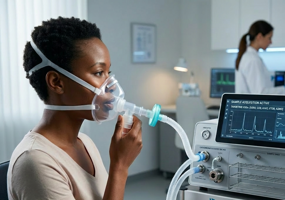 Respiratory analysis using biomarker device Woman wearing oxygen mask connected to biomarker analytics device with data display